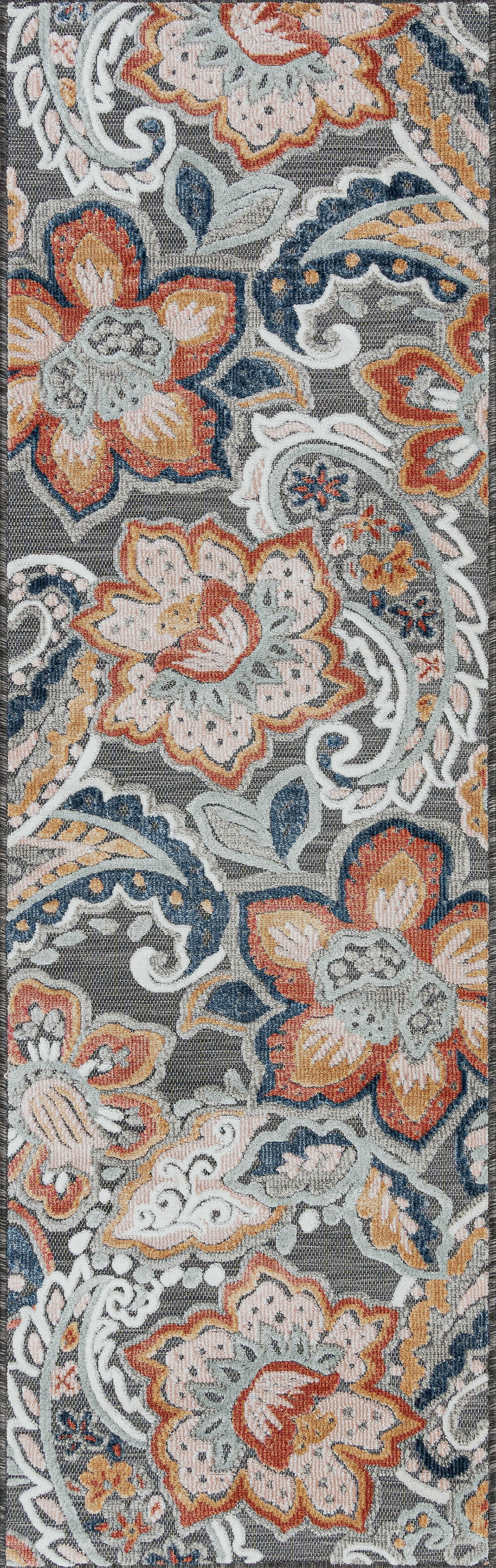 Bliss Rugs Floral Indoor Outdoor Rug Water Resistant Runner Rug for Patio, Hallway, Entryway, Deck, Black ,2' x 8'