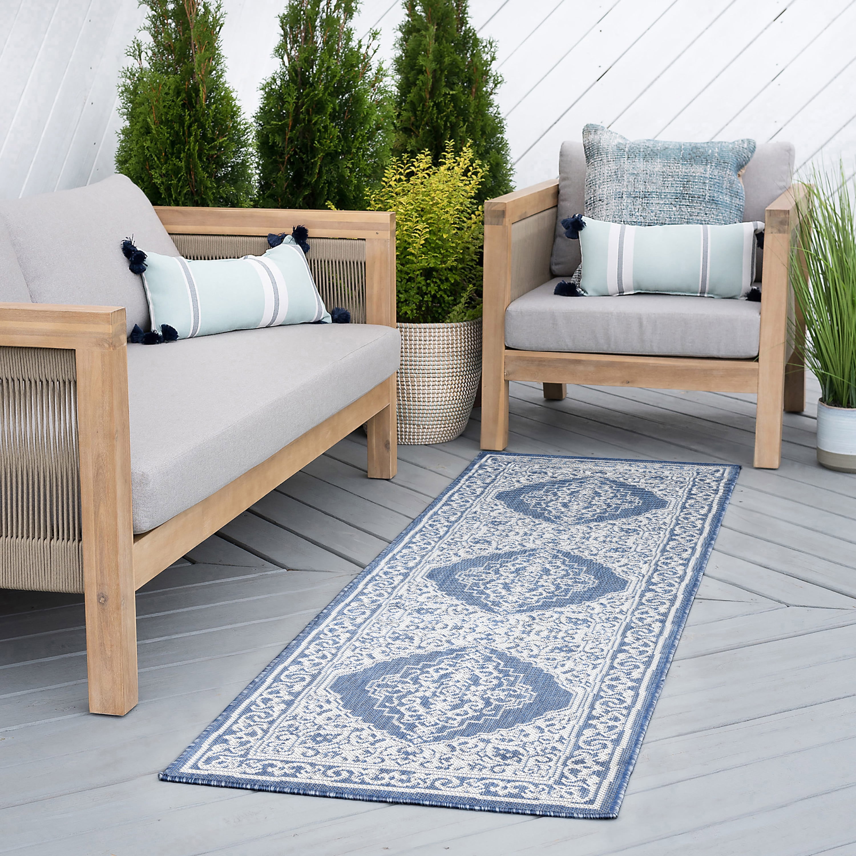 Bliss Rugs Floral Indoor Outdoor Rug Water Resistant Runner Rug for Patio, Hallway, Entryway, Deck, Blue ,3' x 10'