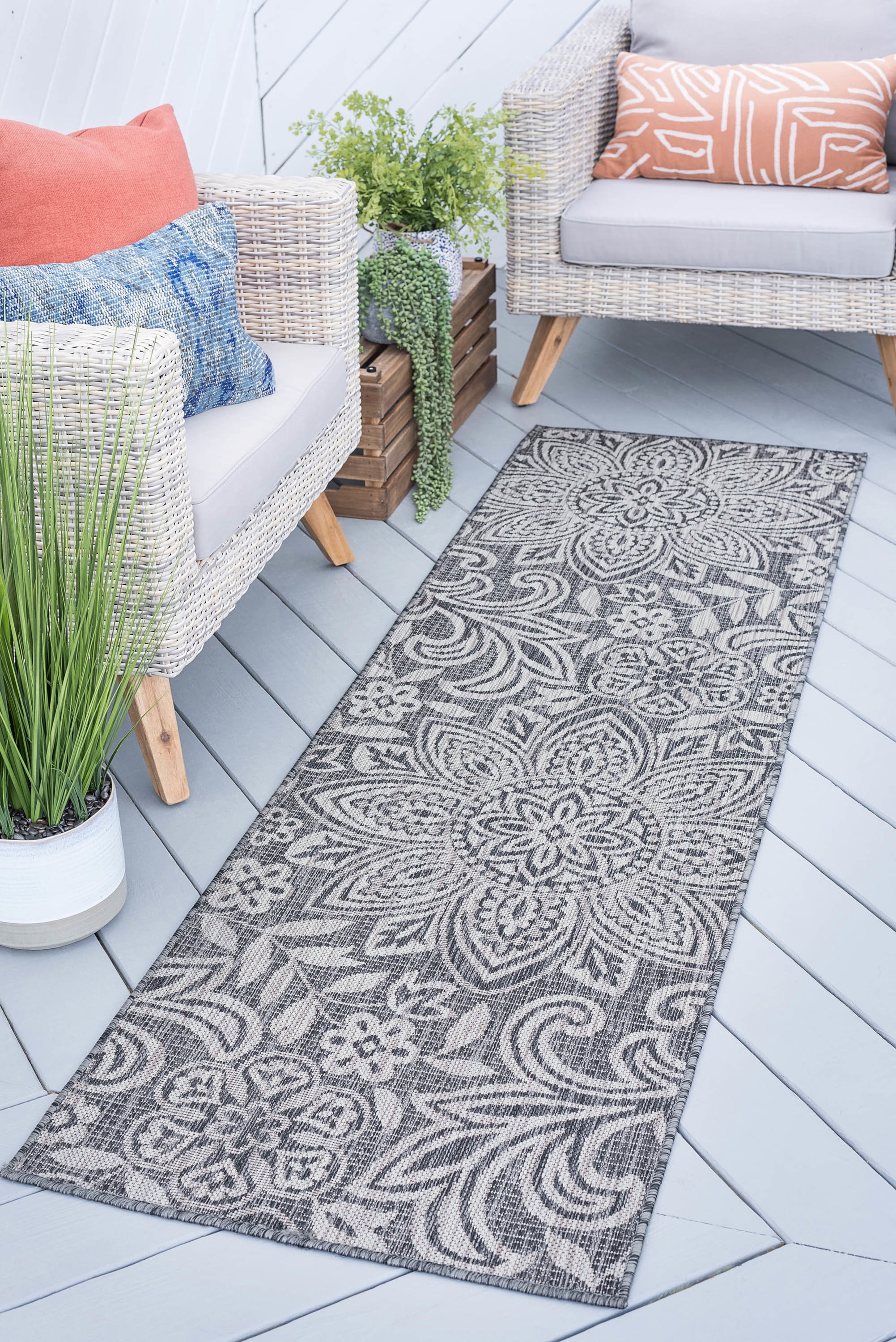 Bliss Rugs Floral Indoor Outdoor Rug Water Resistant Runner Rug for Patio, Hallway, Entryway, Deck, Charcoal ,3' x 8'
