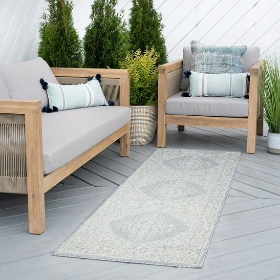 Bliss Rugs Floral Indoor Outdoor Rug Water Resistant Runner Rug for Patio, Hallway, Entryway, Deck, Gray ,2' x 8'