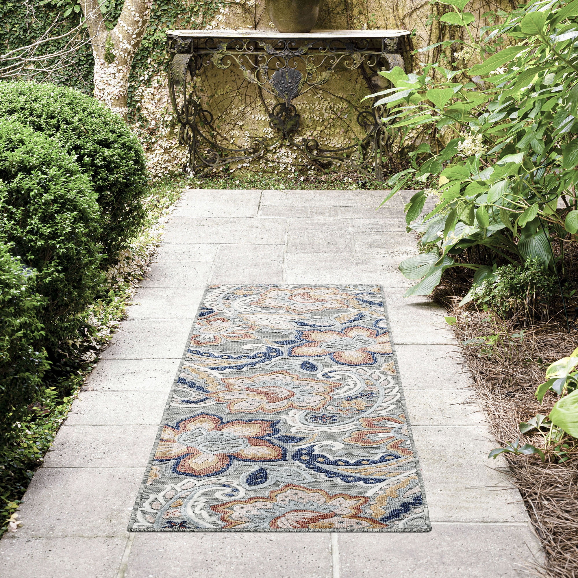 Bliss Rugs Floral Indoor Outdoor Rug Water Resistant Runner Rug for Patio, Hallway, Entryway, Deck, Gray ,2' x 8'