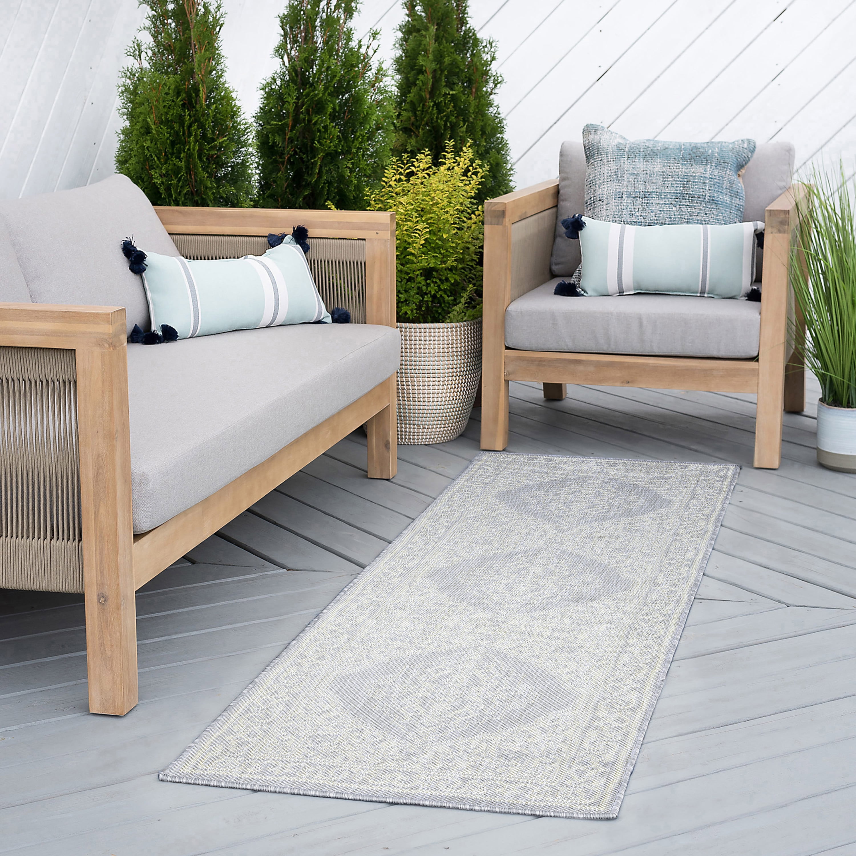 Bliss Rugs Floral Indoor Outdoor Rug Water Resistant Runner Rug for Patio, Hallway, Entryway, Deck, Gray ,3' x 10'
