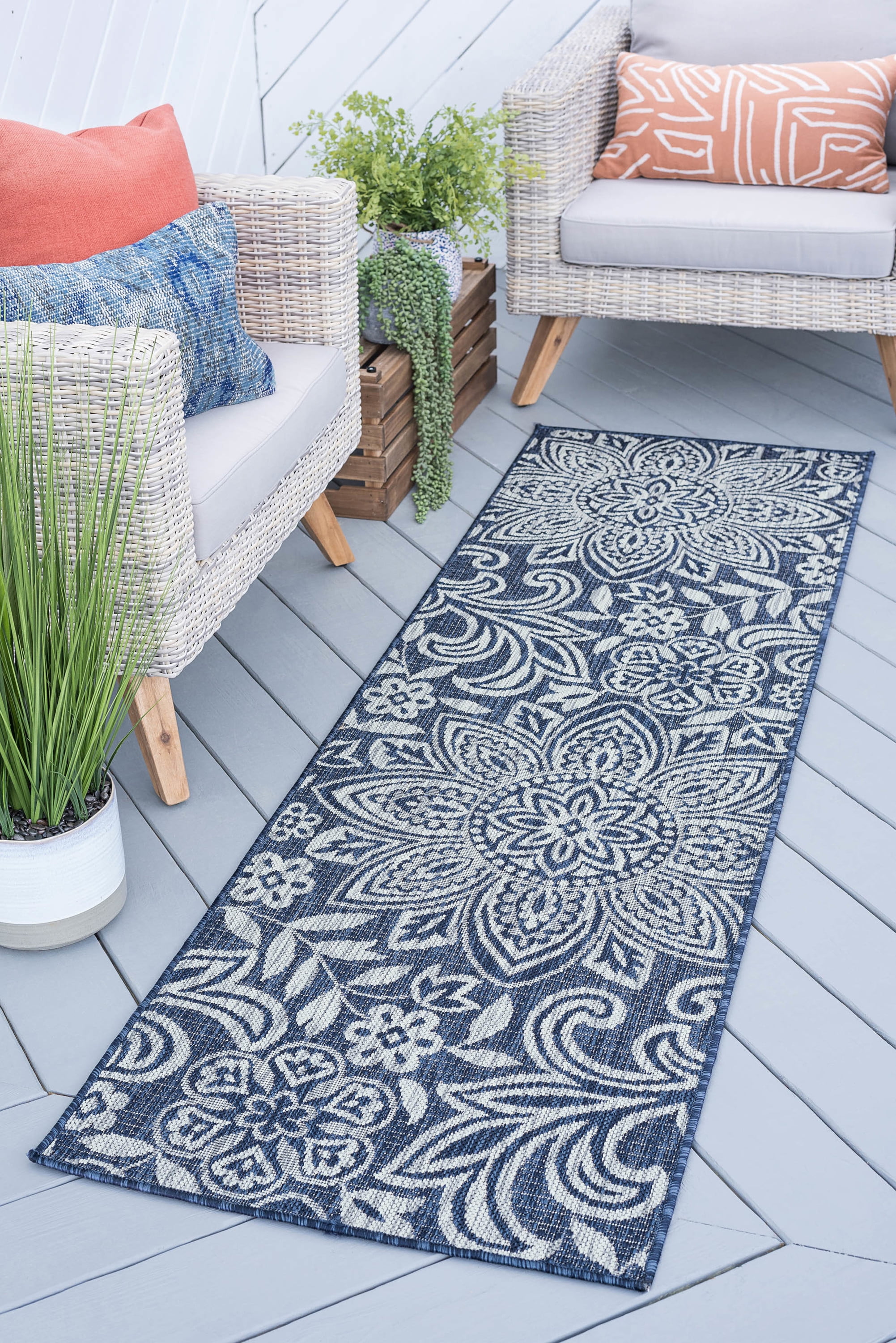 Bliss Rugs Floral Indoor Outdoor Rug Water Resistant Runner Rug for Patio, Hallway, Entryway, Deck, Navy ,2' x 10'