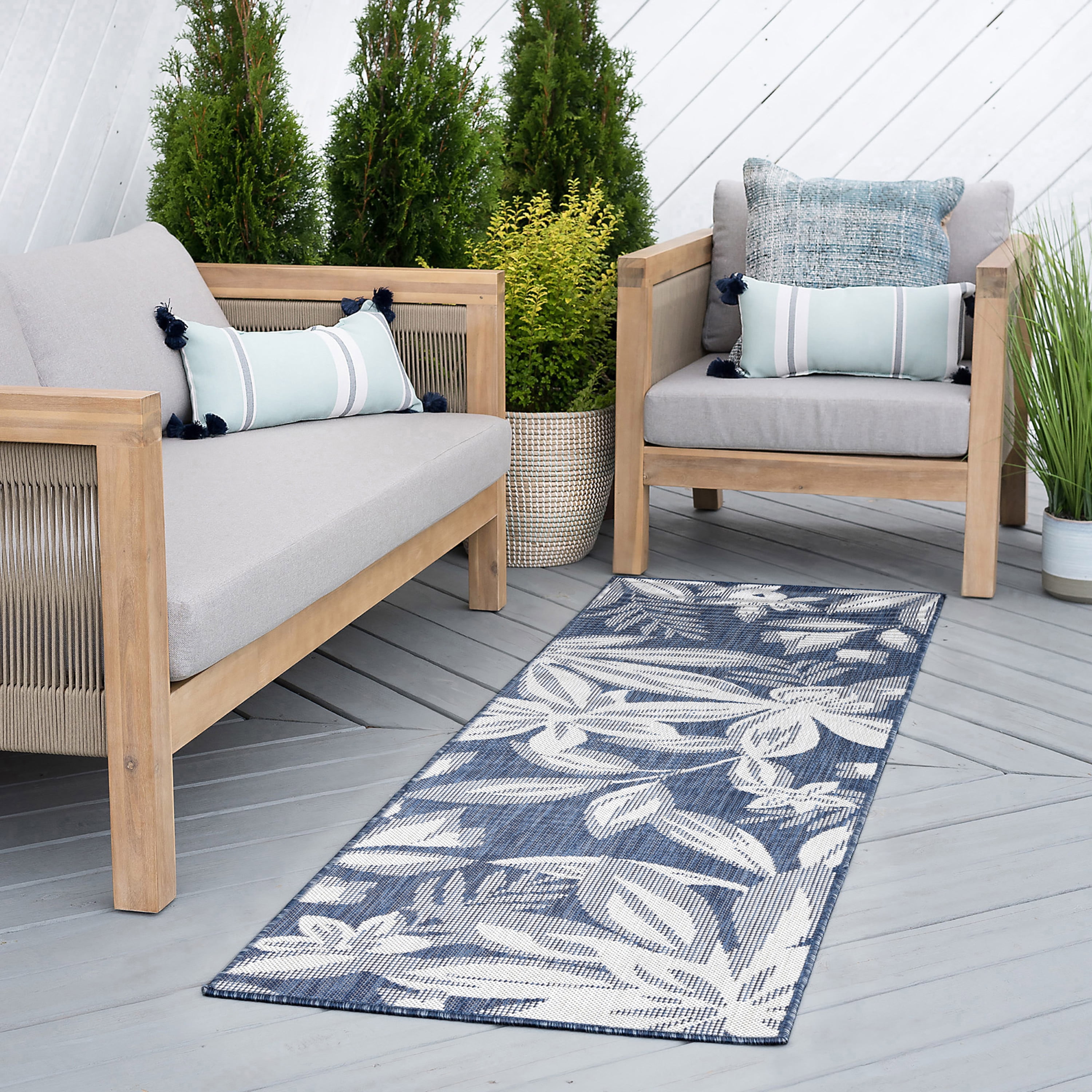 Bliss Rugs Floral Indoor Outdoor Rug Water Resistant Runner Rug for Patio, Hallway, Entryway, Deck, Navy ,2' x 8'