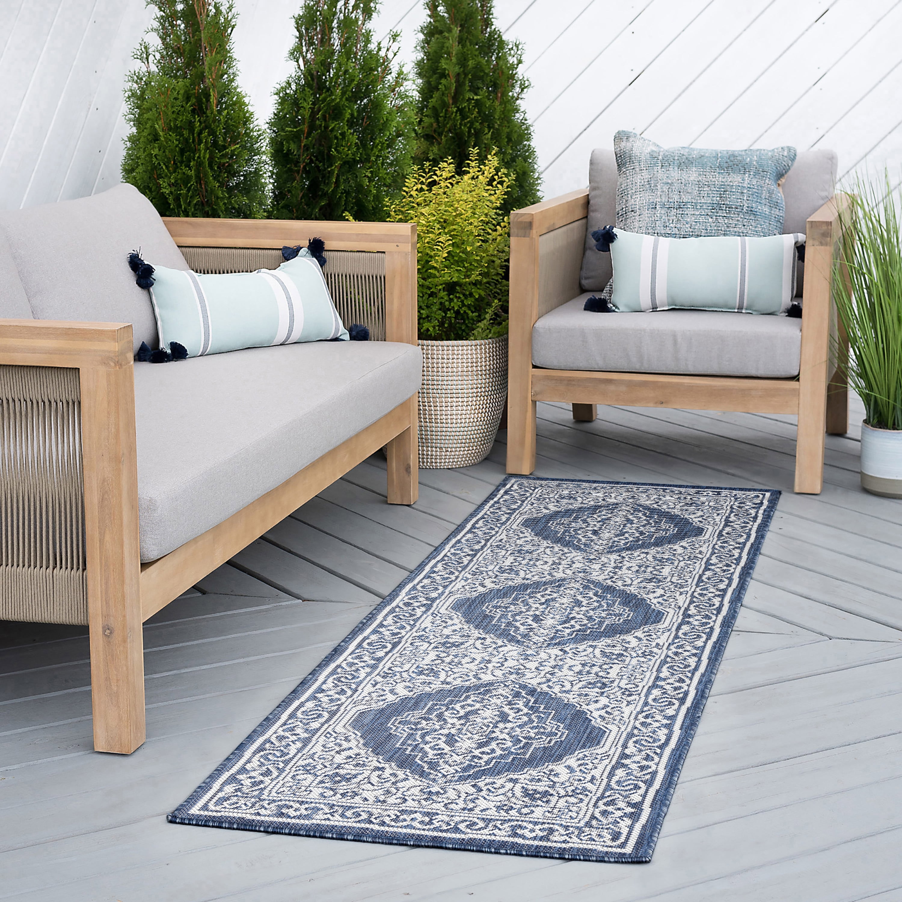 Bliss Rugs Floral Indoor Outdoor Rug Water Resistant Runner Rug for Patio, Hallway, Entryway, Deck, Navy ,2' x 8'