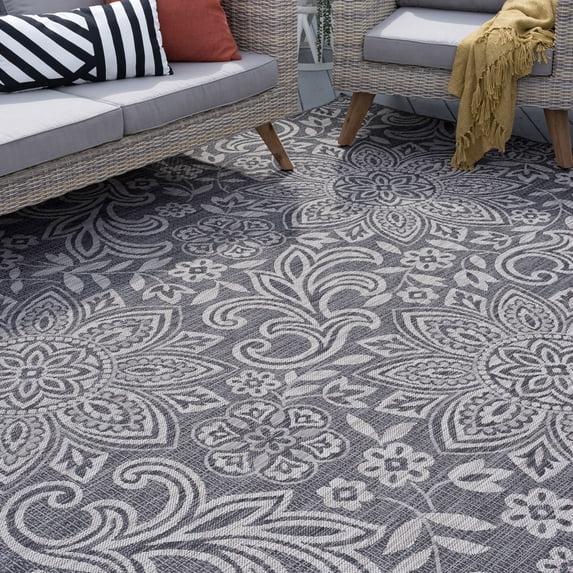 Bliss Rugs Floral Large Indoor Outdoor Area Rug for Patio, Porch, Garden | Charcoal and Light Gray, 5'3''x7'3''