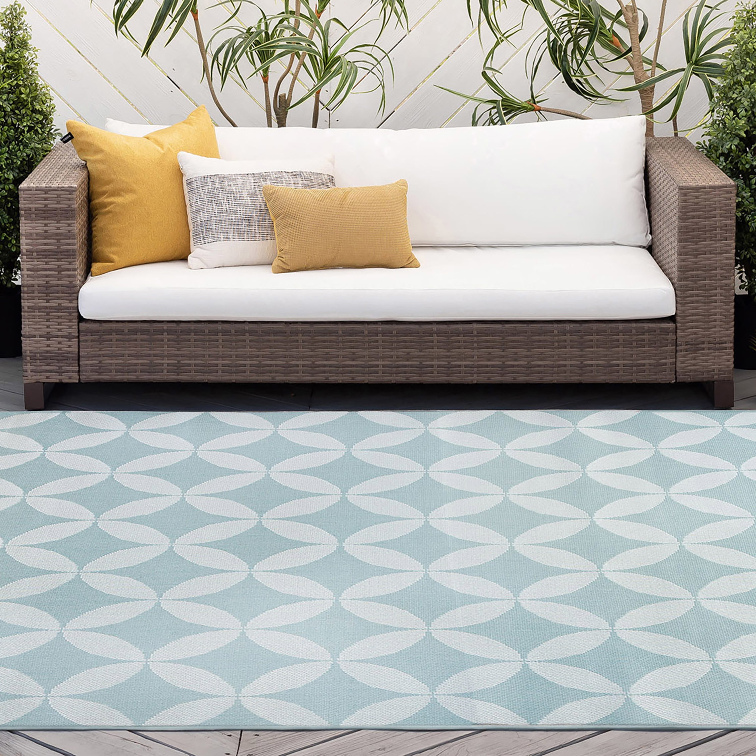 Bliss Rugs Geometric Indoor Outdoor Area Rug for Patio, Porch, Garden | Aqua, 5' x 6'11''