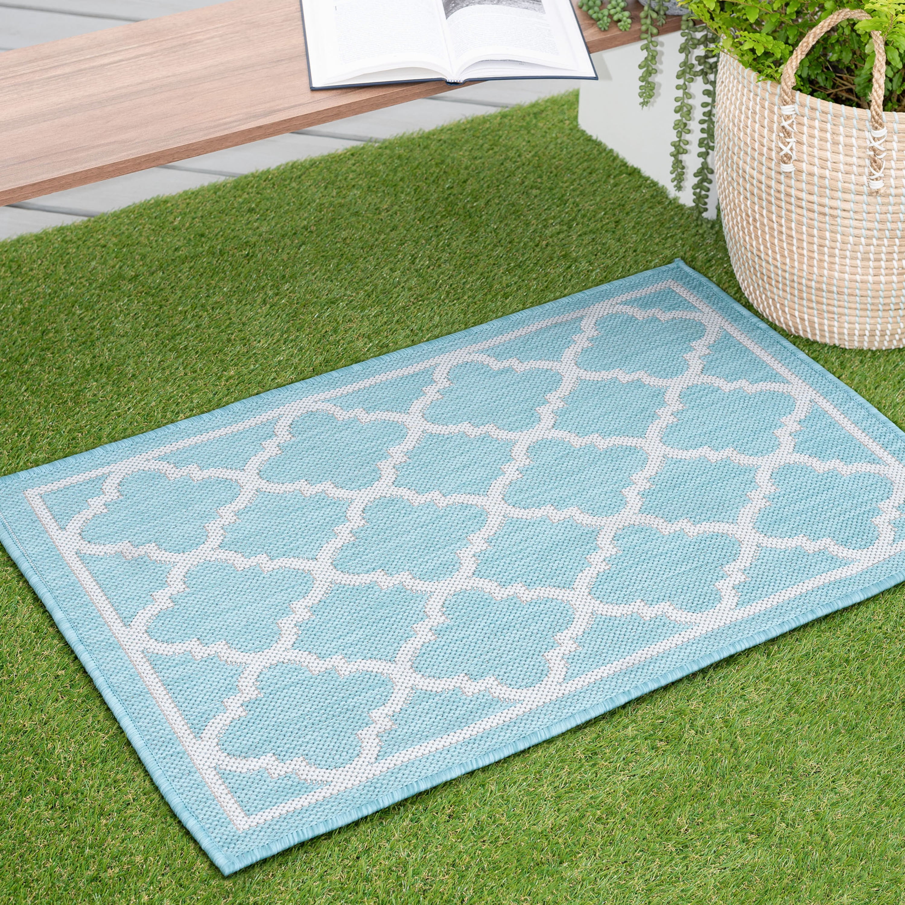 Bliss Rugs Geometric Indoor Outdoor Rug Low-Profile Floor Mat for Patio, Entrance, Front Door | Aqua, 2' x 3'