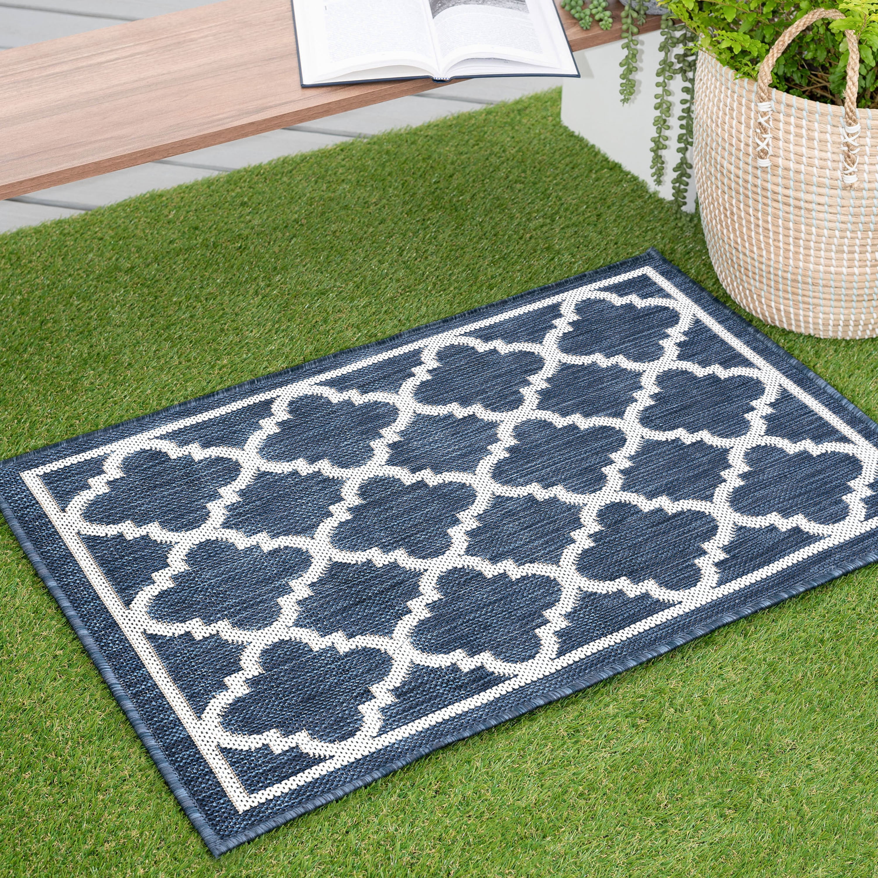 Bliss Rugs Geometric Indoor Outdoor Rug Low-Profile Floor Mat for Patio, Entrance, Front Door |Navy, 2' x 3'