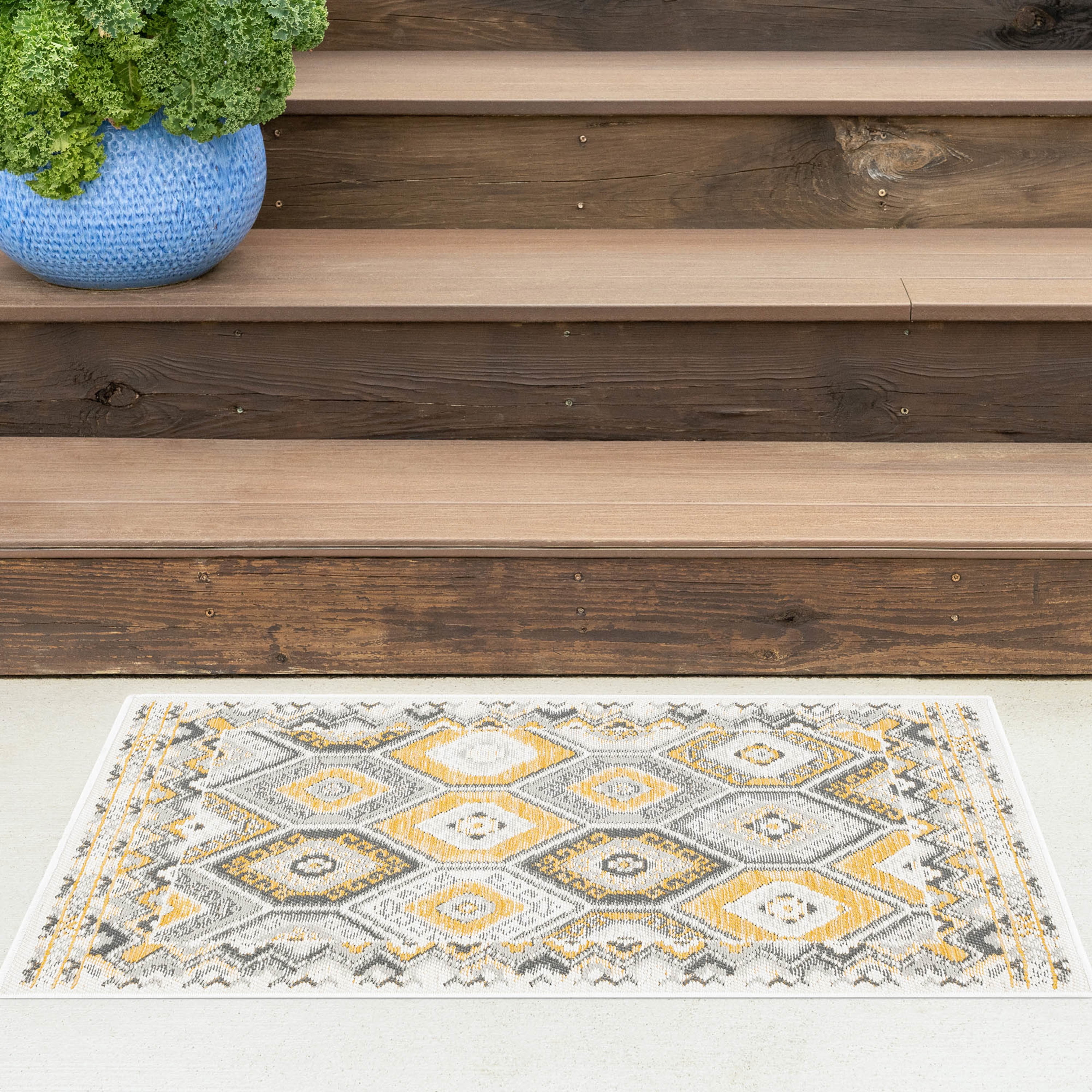Bliss Rugs Geometric Indoor Outdoor Rug Low-Profile Reversible Floor Mat for Patio, Entrance, Front Door | Cream, 2' x 3'