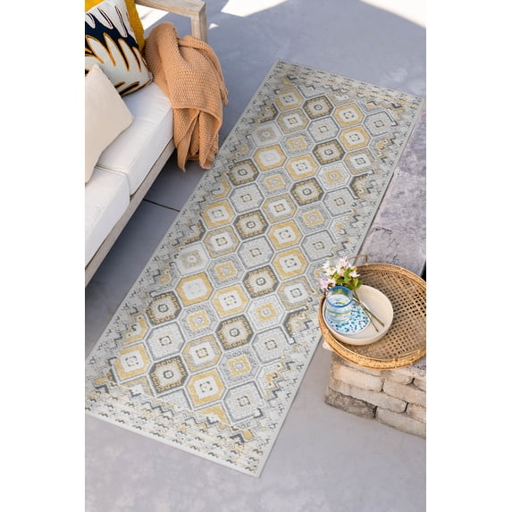 Bliss Rugs Geometric Indoor Outdoor Rug Reversible Runner Rug for Patio, Hallway, Entryway, Deck, Cream ,2' x 8'