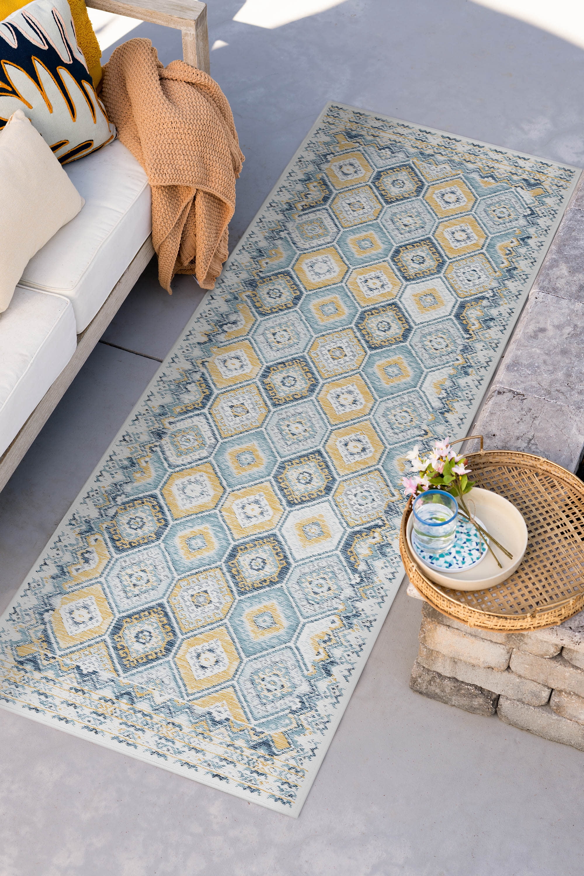 Bliss Rugs Geometric Indoor Outdoor Rug Reversible Runner Rug for Patio, Hallway, Entryway, Deck, Navy ,2' x 8'