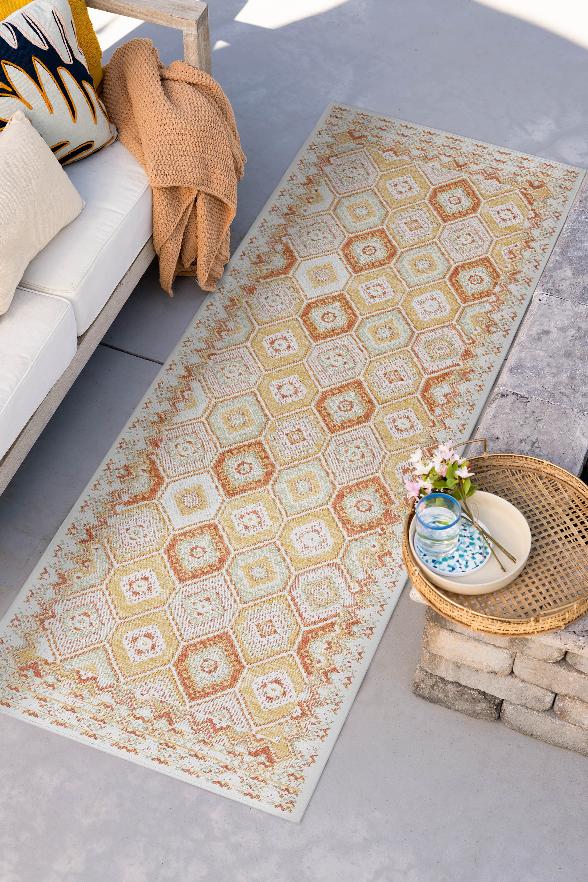 Bliss Rugs Geometric Indoor Outdoor Rug Reversible Runner Rug for Patio, Hallway, Entryway, Deck, Orange ,2' x 8'