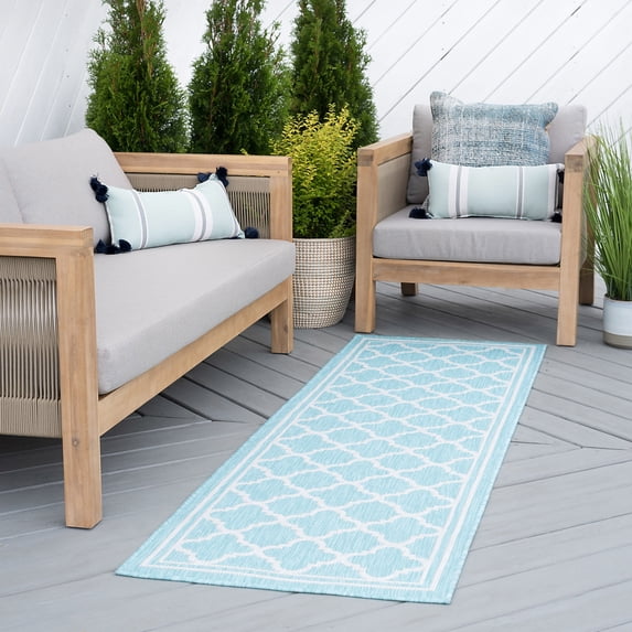 Bliss Rugs Geometric Indoor Outdoor Rug Water Resistant Runner Rug for Patio, Hallway, Entryway, Deck, Aqua ,3' x 10'