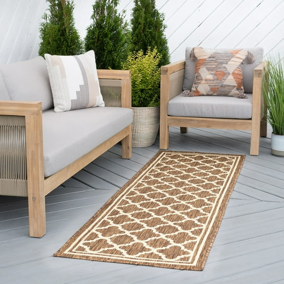 Bliss Rugs Geometric Indoor Outdoor Rug Water Resistant Runner Rug for Patio, Hallway, Entryway, Deck, Gold ,2' x 8'