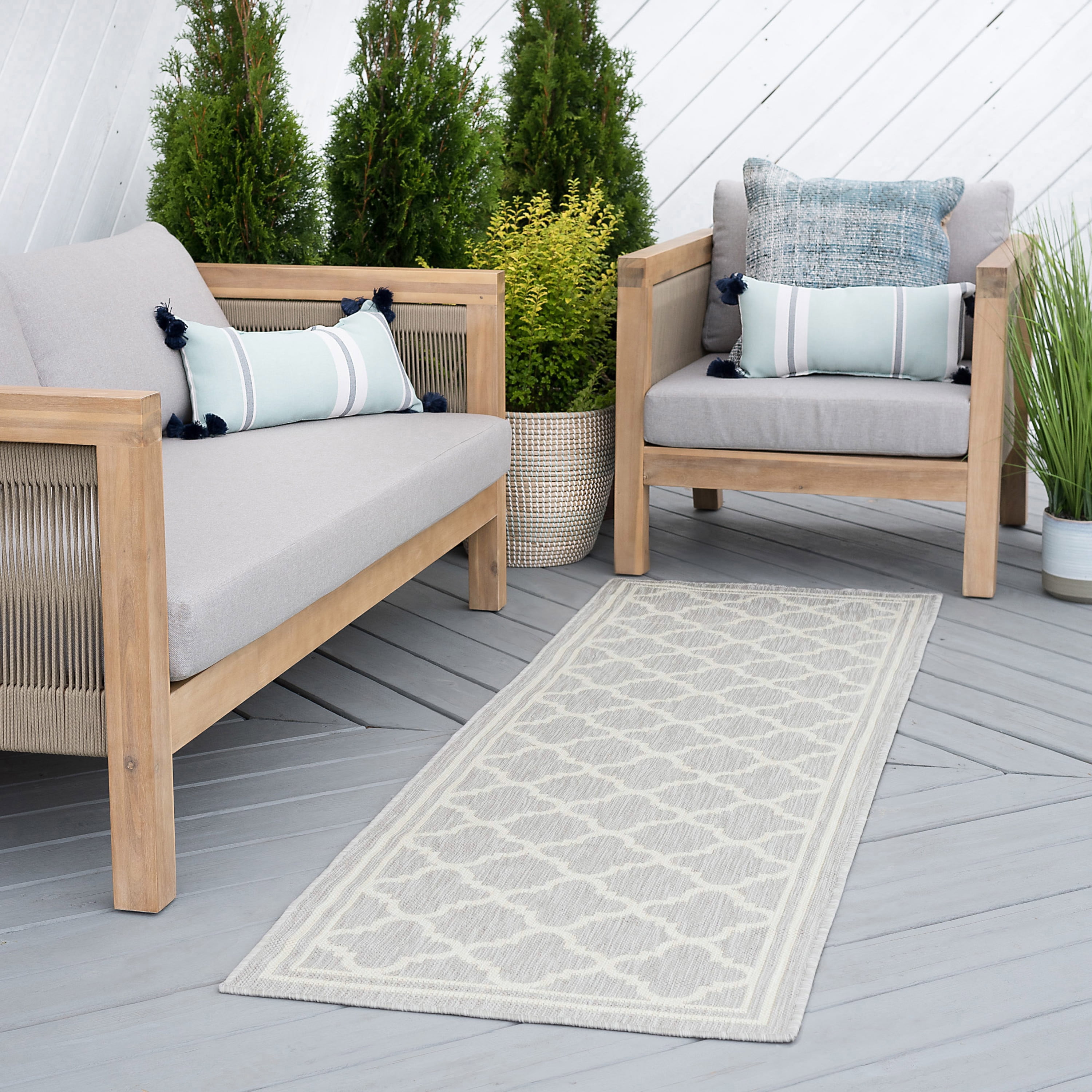 Bliss Rugs Geometric Indoor Outdoor Rug Water Resistant Runner Rug for Patio, Hallway, Entryway, Deck, Gray ,2' x 8'