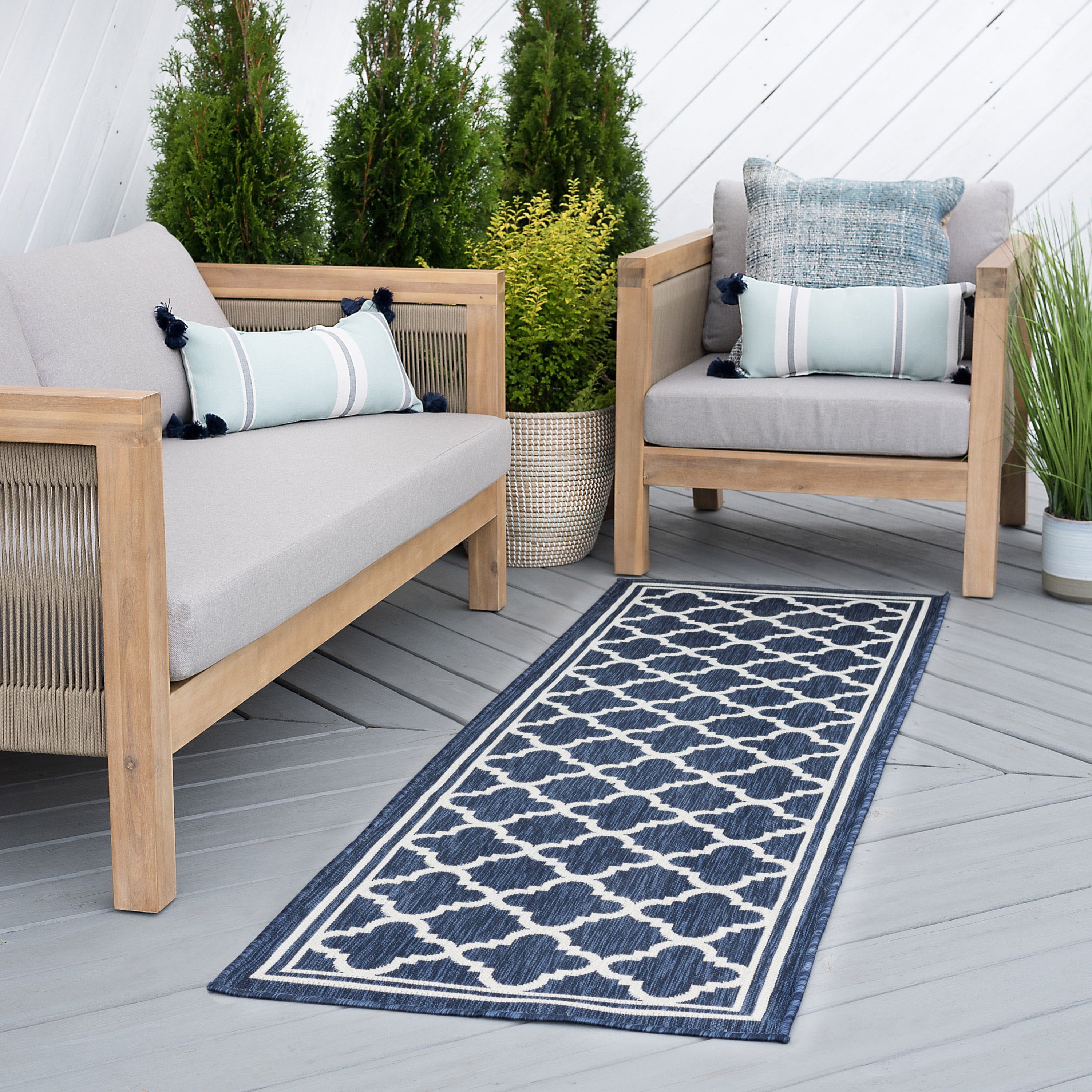 Bliss Rugs Geometric Indoor Outdoor Rug Water Resistant Runner Rug for Patio, Hallway, Entryway, Deck, Navy ,3' x 10'