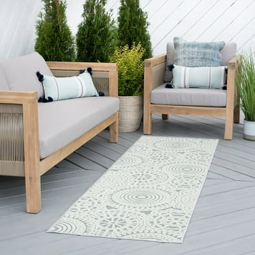 Bliss Rugs Geometric Indoor Outdoor Runner Rugs for Patio, Hallway, Entryway, Deck, Blue ,2' x 8'