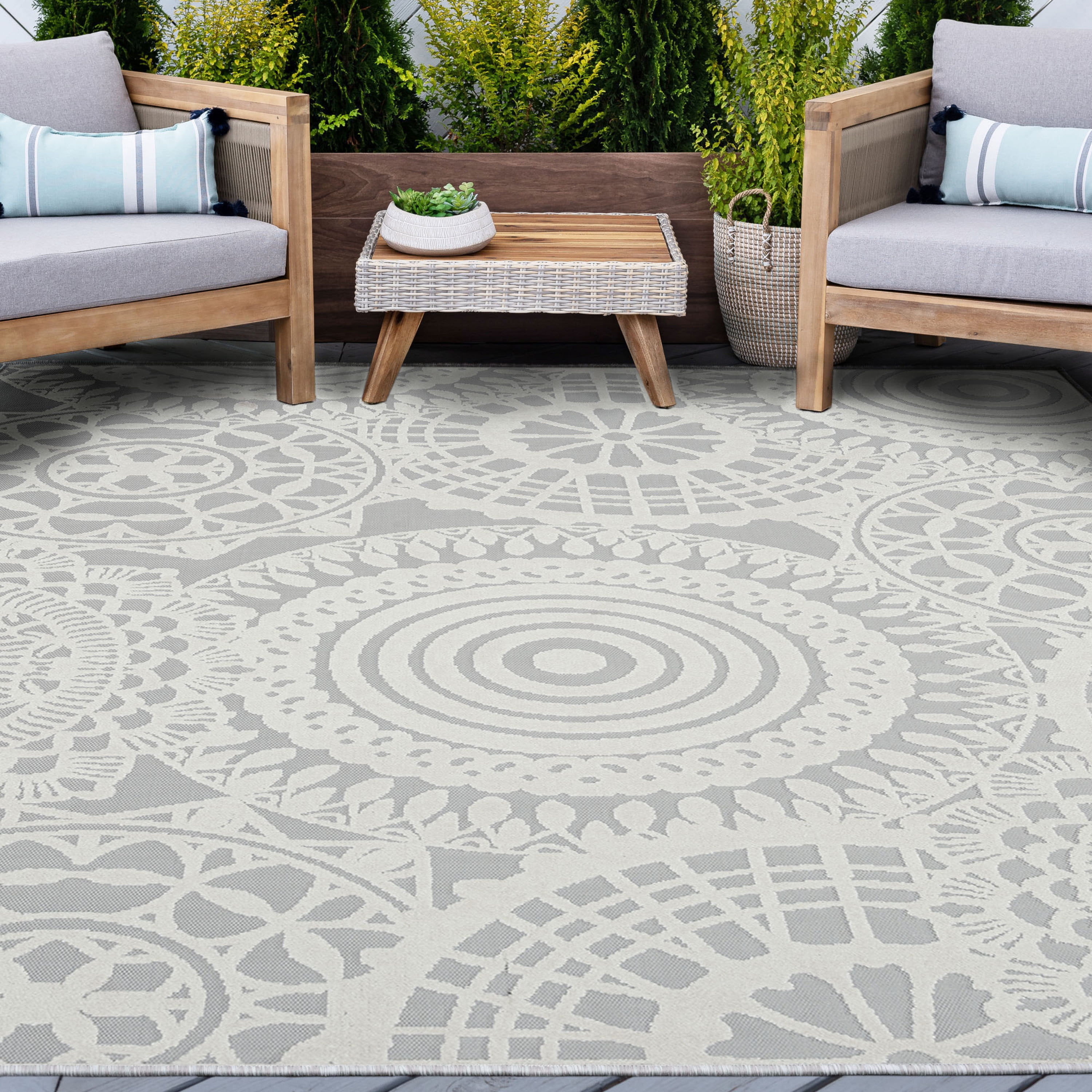 Bliss Rugs Geometric Large Indoor Outdoor Area Rug for Patio, Porch, Garden | Gray, 7'10'' x 10'2''