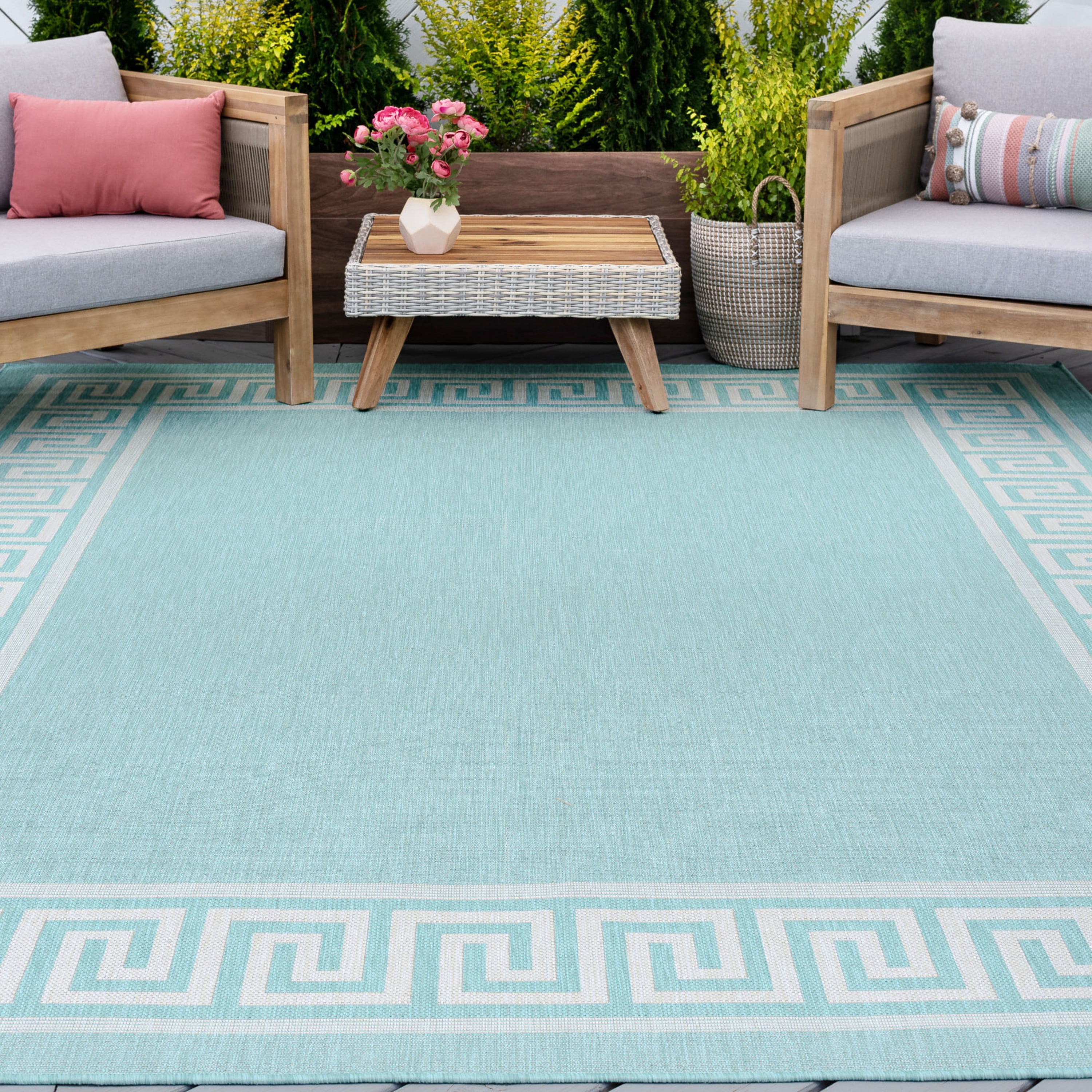 Bliss Rugs Greek Key Indoor Outdoor Area Rug for Patio, Porch, Garden | Aqua, 5'3'' x 7'3''