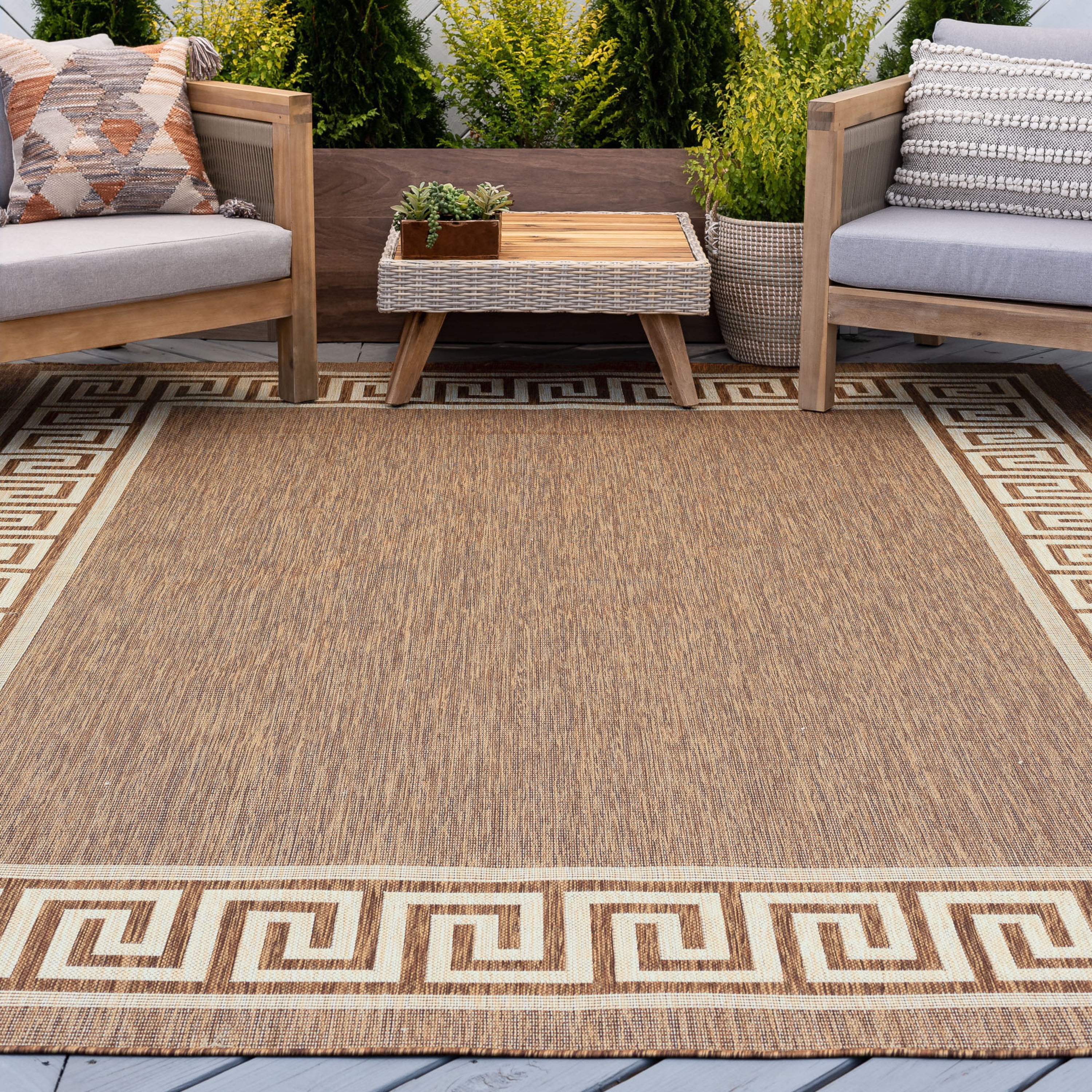 Bliss Rugs Greek Key Indoor Outdoor Area Rug for Patio, Porch, Garden | Brown, 5'3'' x 7'3''