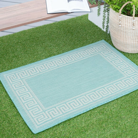 Bliss Rugs Greek Key Indoor Outdoor Rug Low-Profile Floor Mat for Patio, Entrance, Front Door | Aqua, 2' x 3'