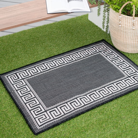 Bliss Rugs Greek Key Indoor Outdoor Rug Low-Profile Floor Mat for Patio, Entrance, Front Door | Black, 2' x 3'
