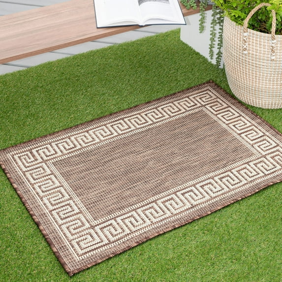 Bliss Rugs Greek Key Indoor Outdoor Rug Low-Profile Floor Mat for Patio, Entrance, Front Door | Brown, 2' x 3'
