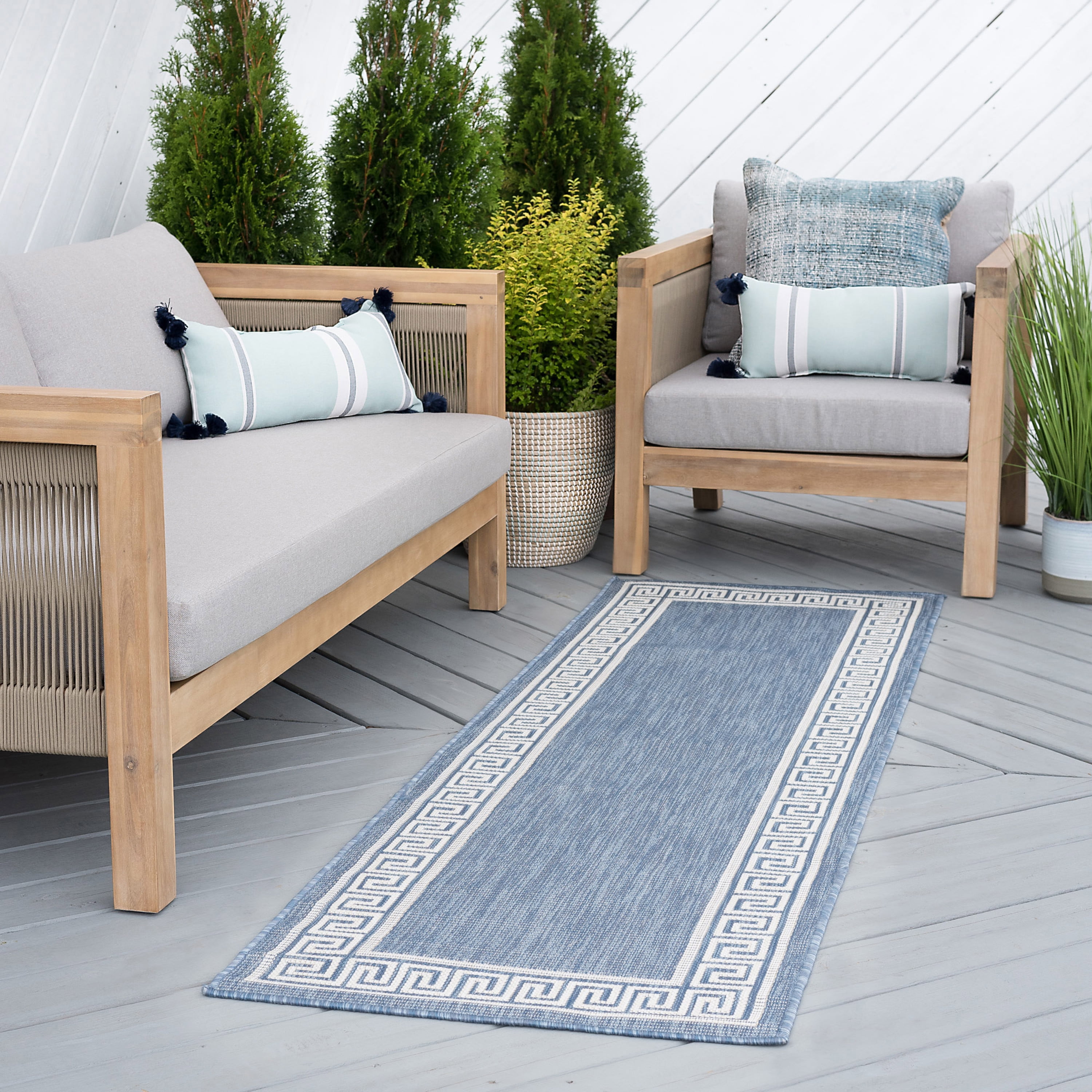 Bliss Rugs Greek Key Indoor Outdoor Rug Water Resistant Runner Rug for Patio, Hallway, Entryway, Deck, Blue ,2' x 8'