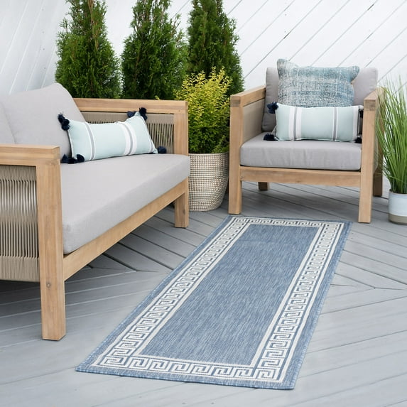 Bliss Rugs Greek Key Indoor Outdoor Rug Water Resistant Runner Rug for Patio, Hallway, Entryway, Deck, Blue ,2' x 8'