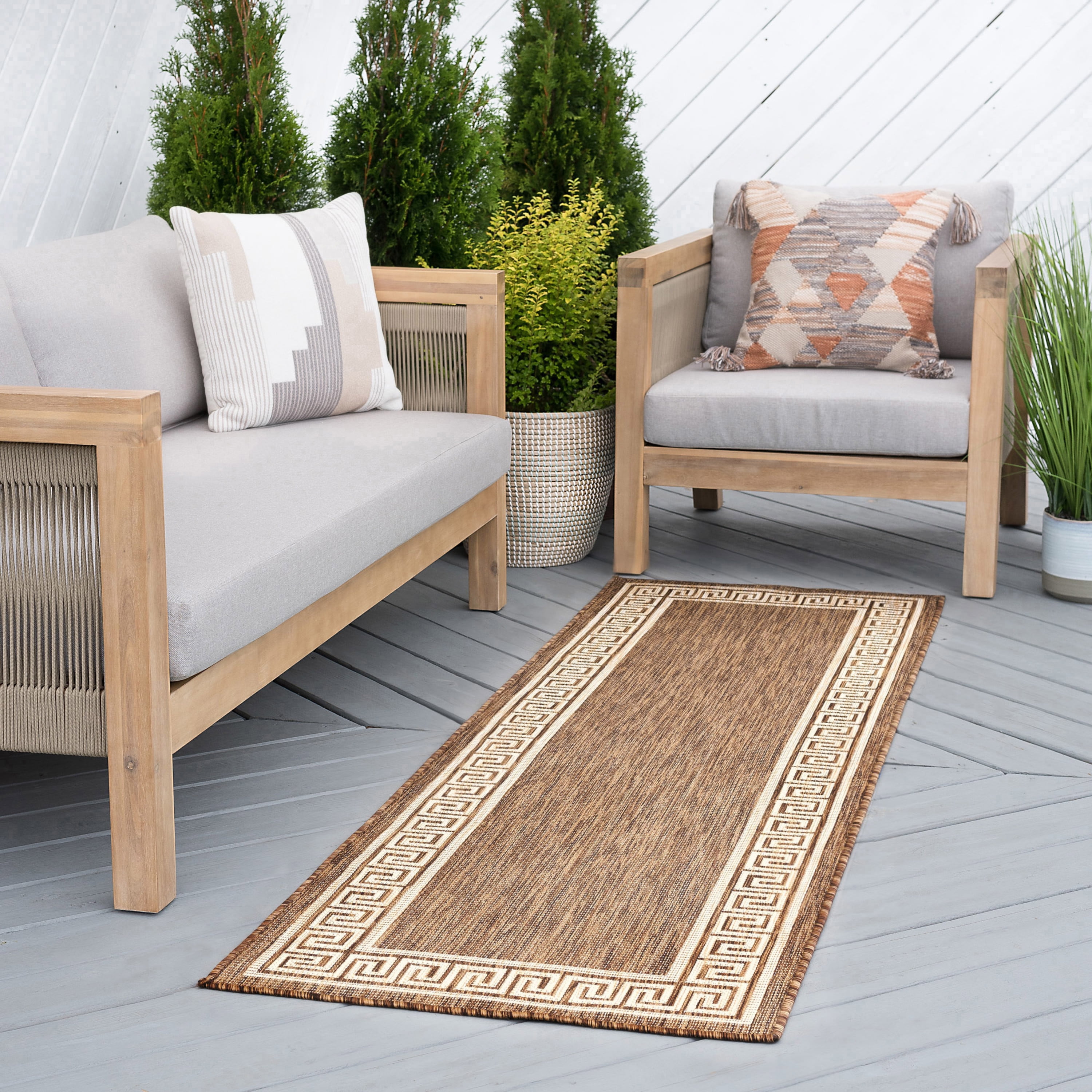 Bliss Rugs Greek Key Indoor Outdoor Rug Water Resistant Runner Rug for Patio, Hallway, Entryway, Deck, Brown ,3' x 10'