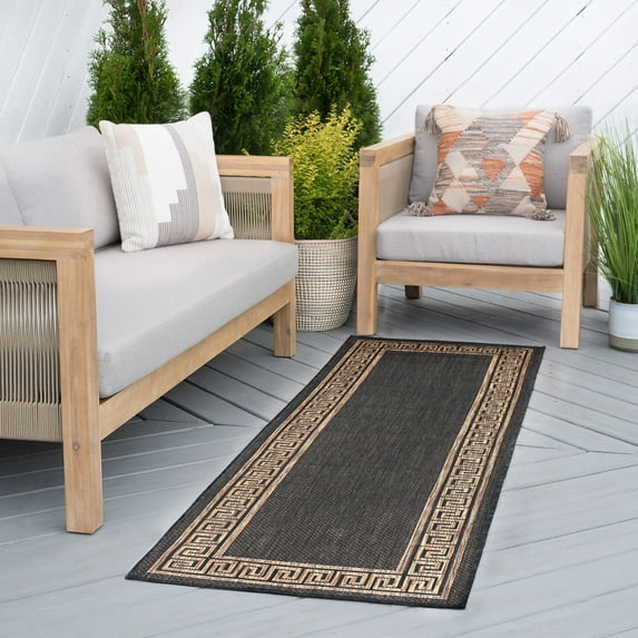 Bliss Rugs Greek Key Indoor Outdoor Rug Water Resistant Runner Rug for Patio, Hallway, Entryway, Deck, Gold ,2' x 8'