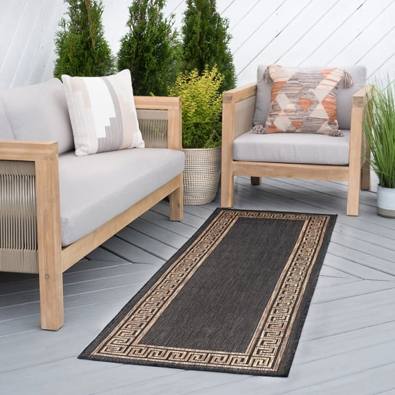 Bliss Rugs Greek Key Indoor Outdoor Rug Water Resistant Runner Rug for Patio, Hallway, Entryway, Deck, Gold ,2' x 8'