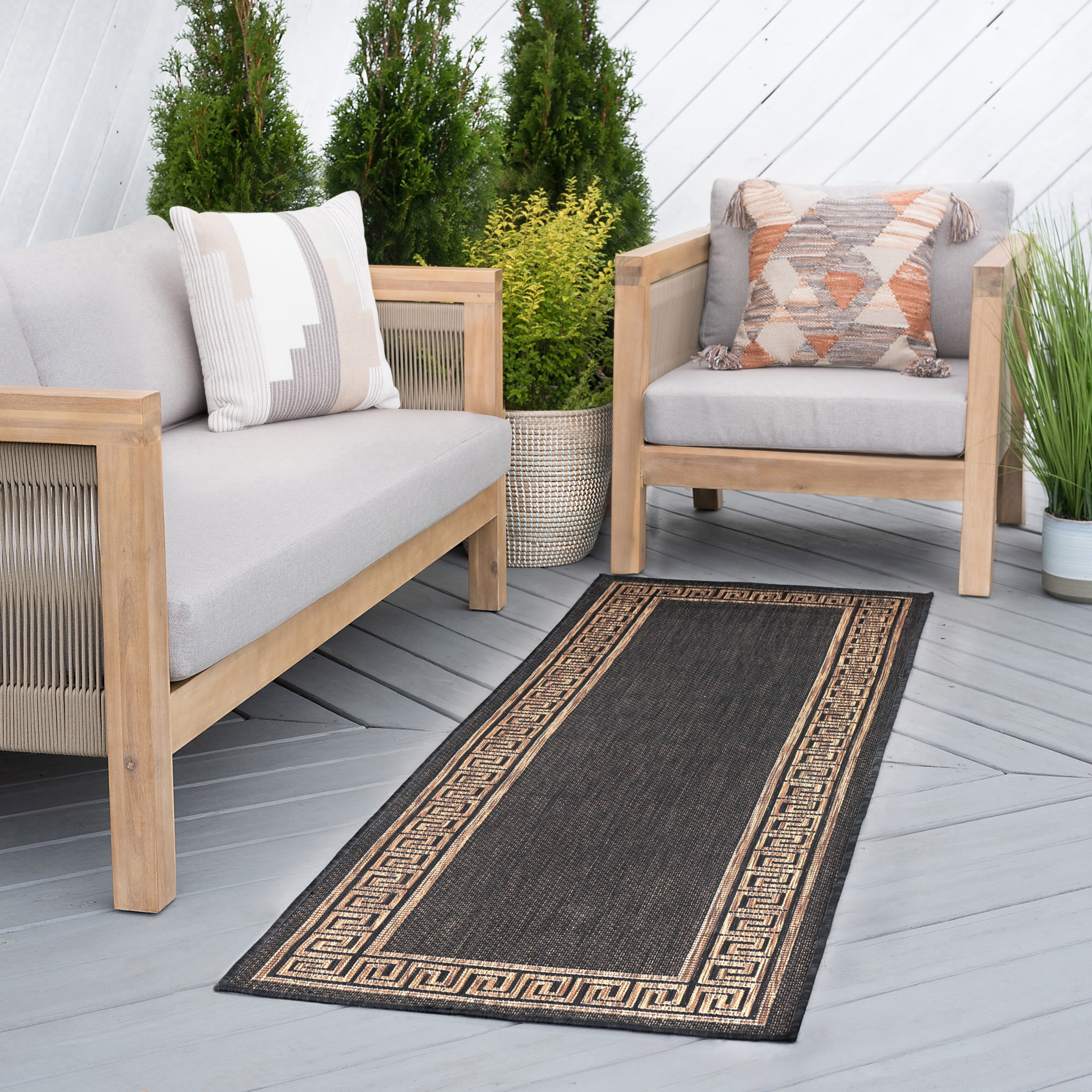 Bliss Rugs Greek Key Indoor Outdoor Rug Water Resistant Runner Rug for Patio, Hallway, Entryway, Deck, Gold ,3' x 10'
