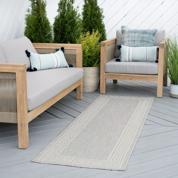 Bliss Rugs Greek Key Indoor Outdoor Rug Water Resistant Runner Rug for Patio, Hallway, Entryway, Deck, Gray ,2' x 8'