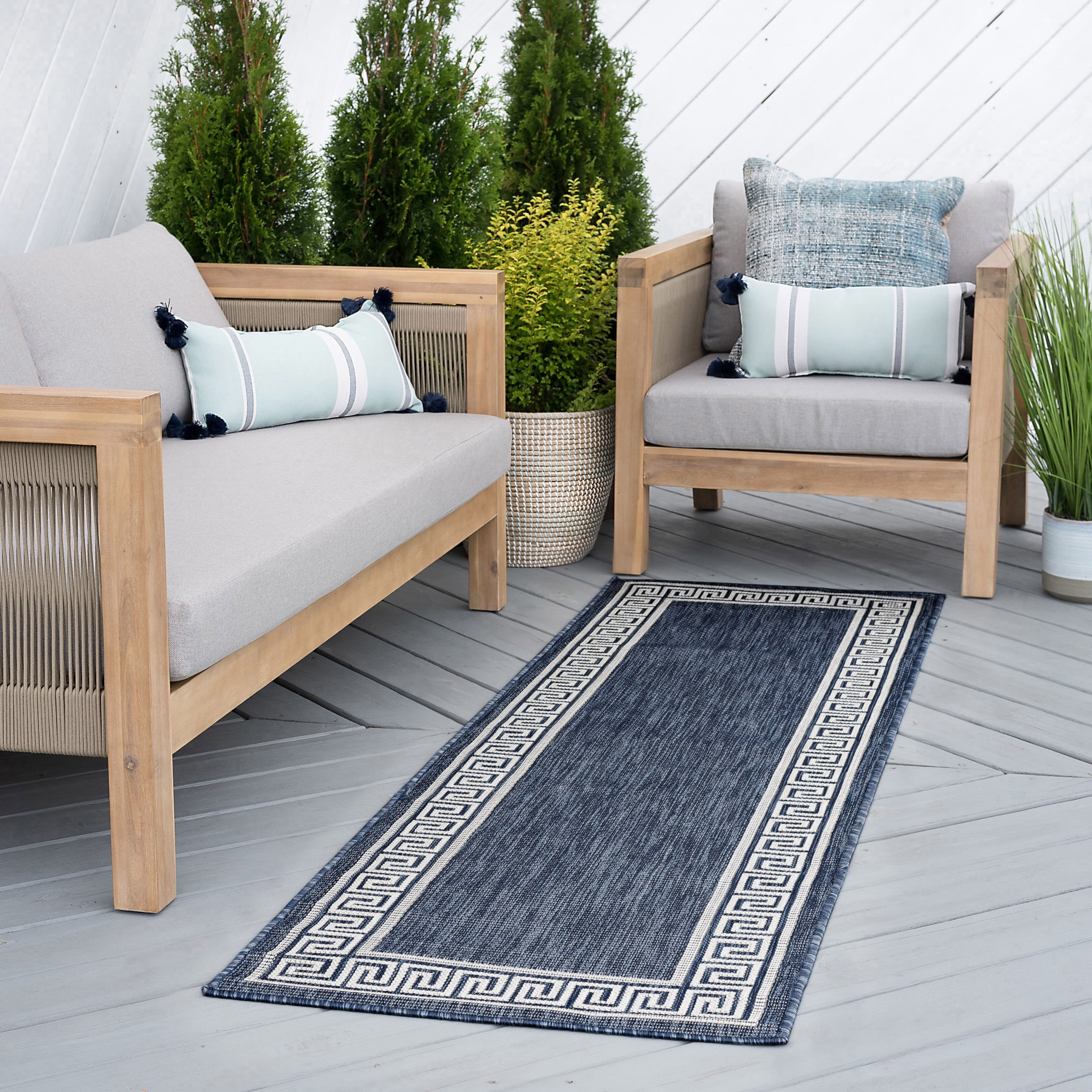 Bliss Rugs Greek Key Indoor Outdoor Rug Water Resistant Runner Rug for Patio, Hallway, Entryway, Deck, Navy ,2' x 8'