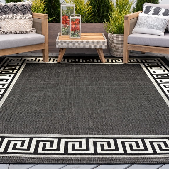 Bliss Rugs Greek Key Large Indoor Outdoor Area Rug for Patio, Porch, Garden | Black, 7'10'' x 10'2''