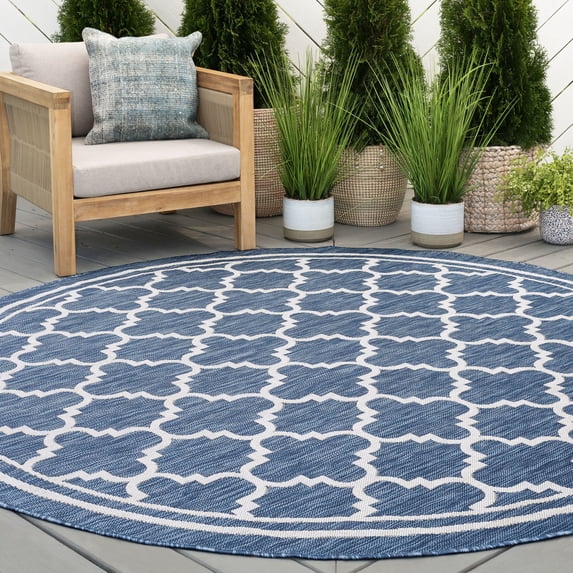 Bliss Rugs Indoor Outdoor Geometric Round Rug for Living Room, Porch, Deck | Blue, 5'3''Round