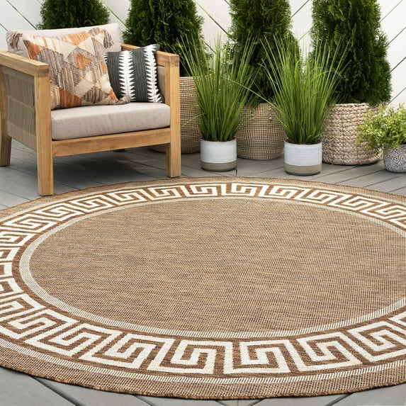 Bliss Rugs Indoor Outdoor Greek Key Round Rug for Living Room, Porch, Deck | Brown, 7'10''Round