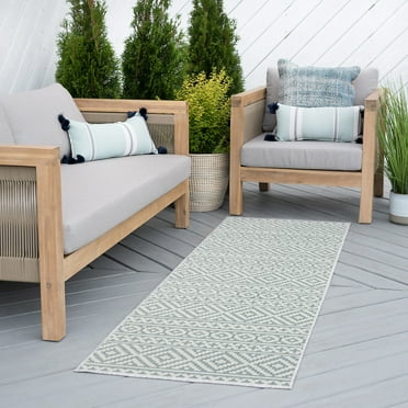 Bliss Rugs Indoor Outdoor Runner Rugs for Patio, Hallway, Entryway, Deck, Geometric ,Blue ,2' x 8'