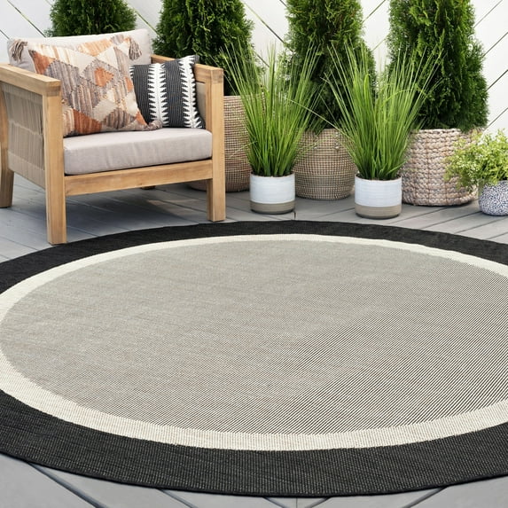 Bliss Rugs Indoor Outdoor Solid Border Round Rug for Living Room, Porch, Deck | Black, 5'3''Round