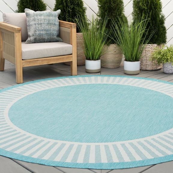Bliss Rugs Indoor Outdoor Striped Border Round Rug for Living Room, Porch, Deck | Aqua, 5'3''Round