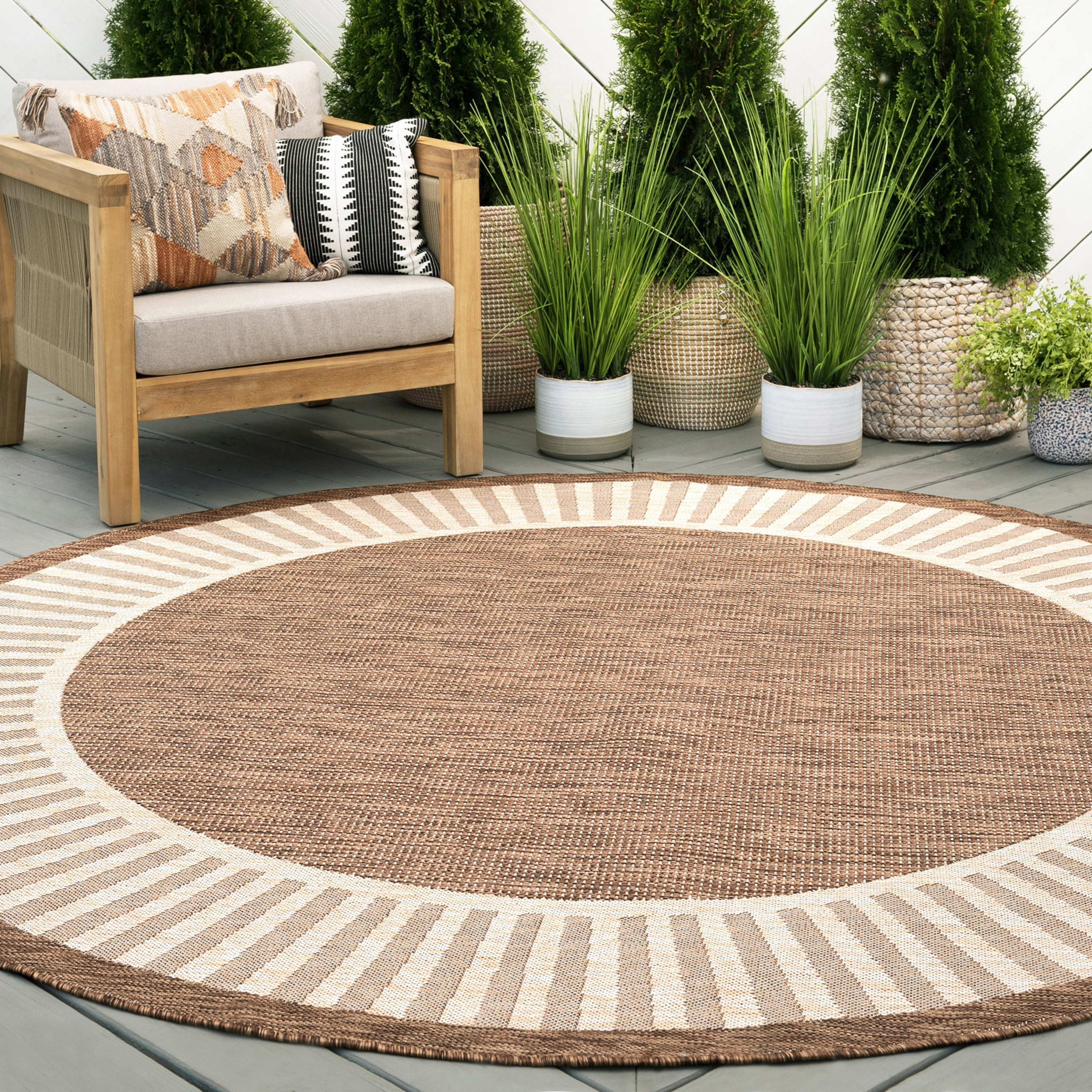 Bliss Rugs Indoor Outdoor Striped Border Round Rug for Living Room, Porch, Deck | Brown, 5'3''Round