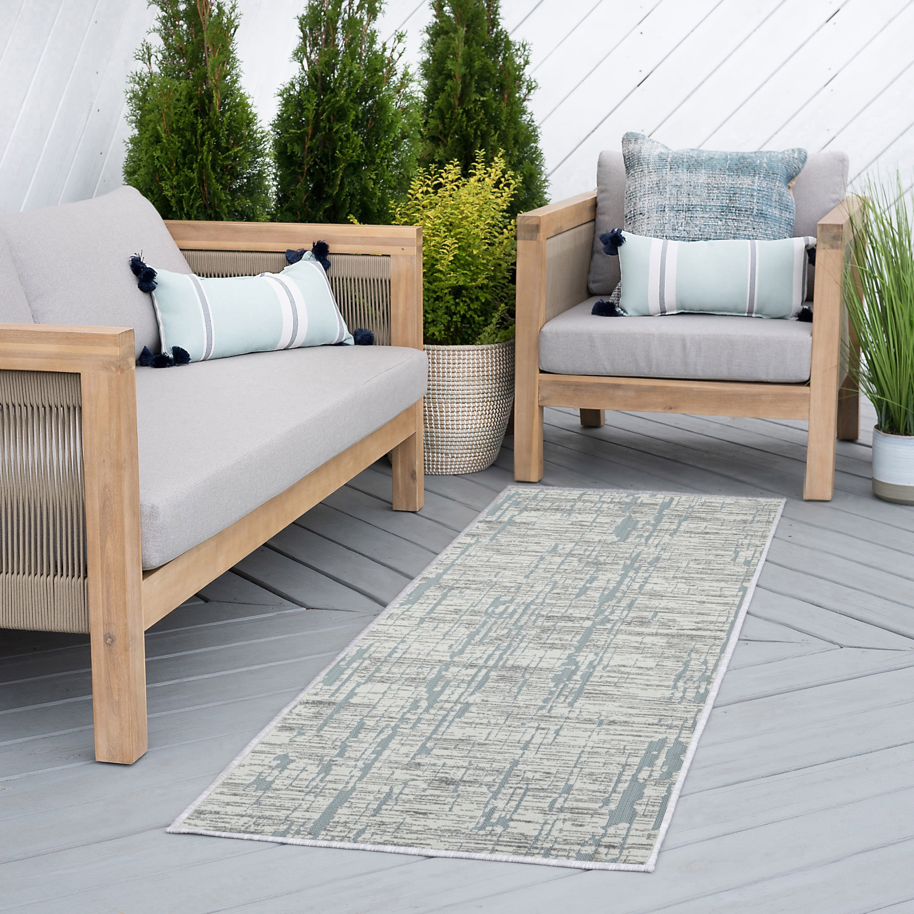 Bliss Rugs Modern Abstarct Indoor Outdoor Runner Rugs for Patio, Hallway, Entryway, Deck, Blue ,2' x 8'