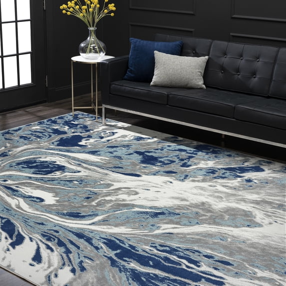Bliss Rugs Modern Contemporary Abstract Area Rug, Indoor Rugs for Living Room, Dining Room, Bedroom | Blue/Gray, 8' x 10' (7'11''x10'3'')