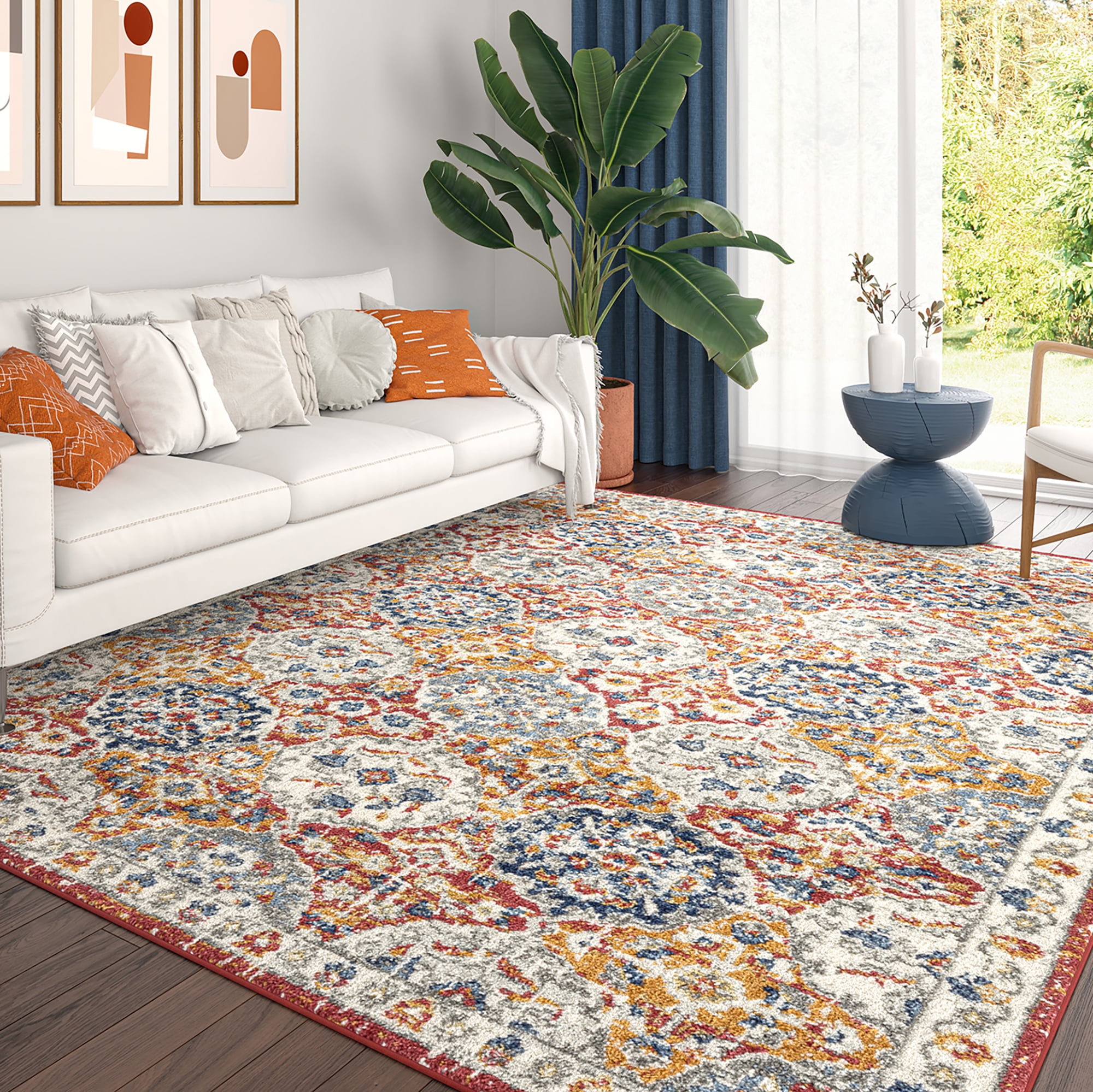 Chelsea Contemporary Abstract 6'7'' x 9'3'' Multi and Blue Polypropylene Indoor Area Rug, 6.7' x 9'