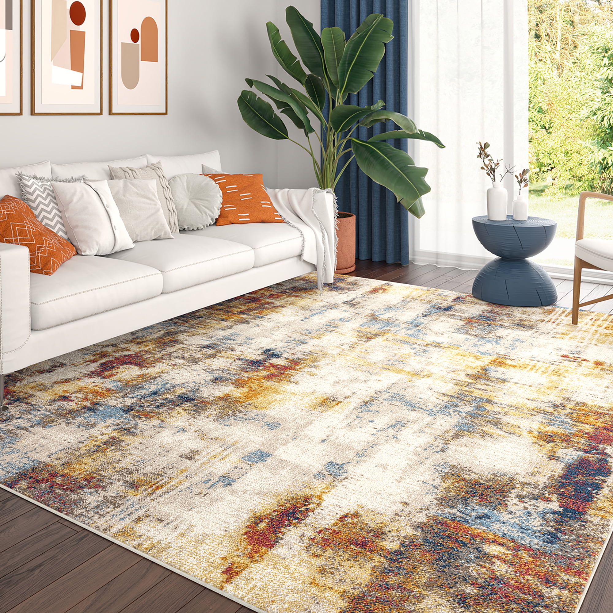 Chelsea Contemporary Abstract 6'7'' x 9'3'' Multi and Blue Polypropylene Indoor Area Rug, 6.7' x 9'