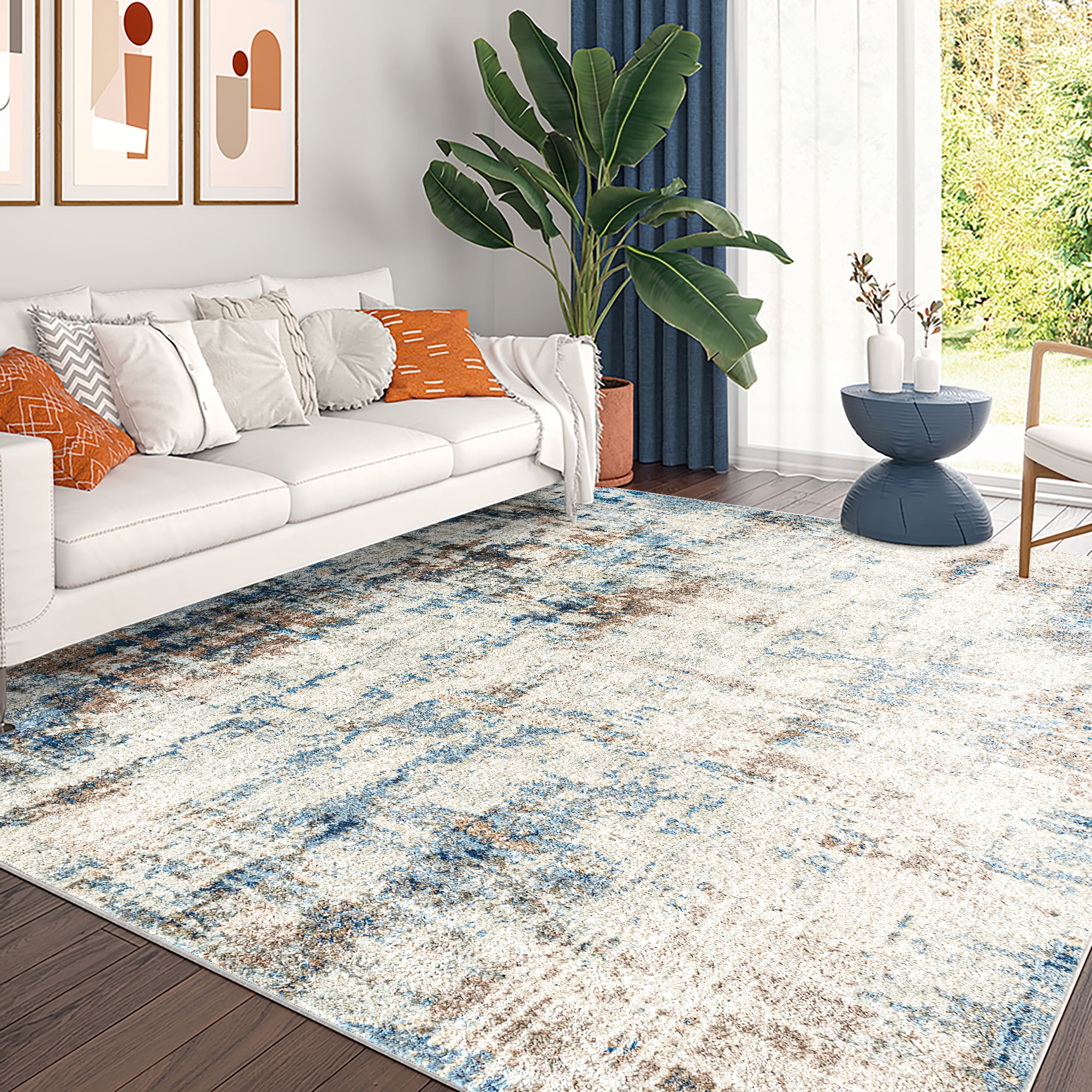 Chelsea Contemporary Abstract 6'7'' x 9'3'' Navy and Blue Polypropylene Indoor Area Rug, 6.7' x 9'