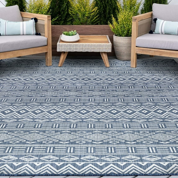 Bliss Rugs Moroccan Indoor Outdoor Area Rug for Patio, Porch, Garden | Navy, 8'10'' x 12'2''