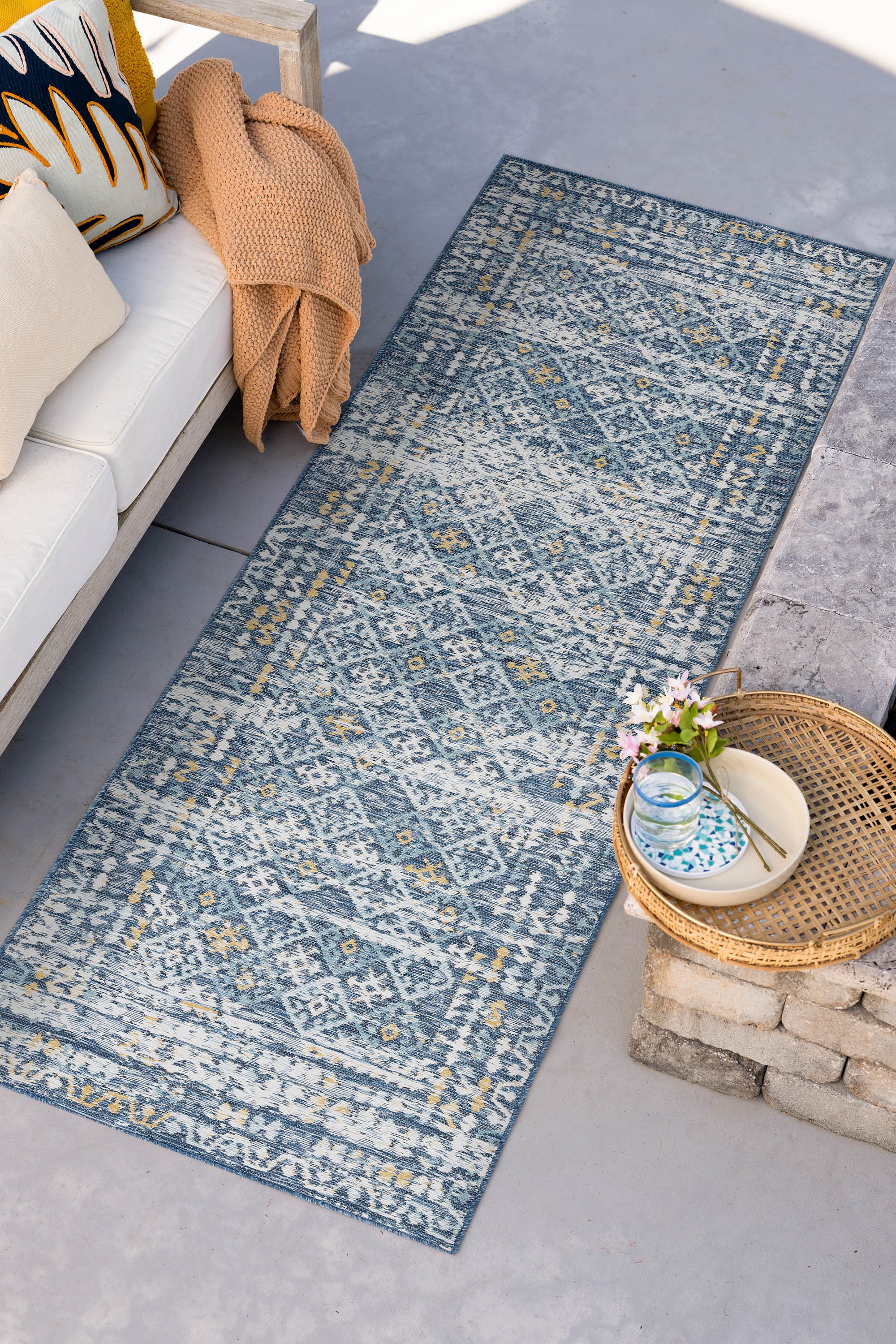 Bliss Rugs Morroccan Indoor Outdoor Rug Reversible Runner Rug for Patio, Hallway, Entryway, Deck, Navy ,2' x 8'